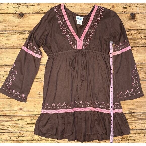 Vintage SURFACE Womens S, Brown Cover Up with waist drawstring pink embroidered - Picture 4 of 6